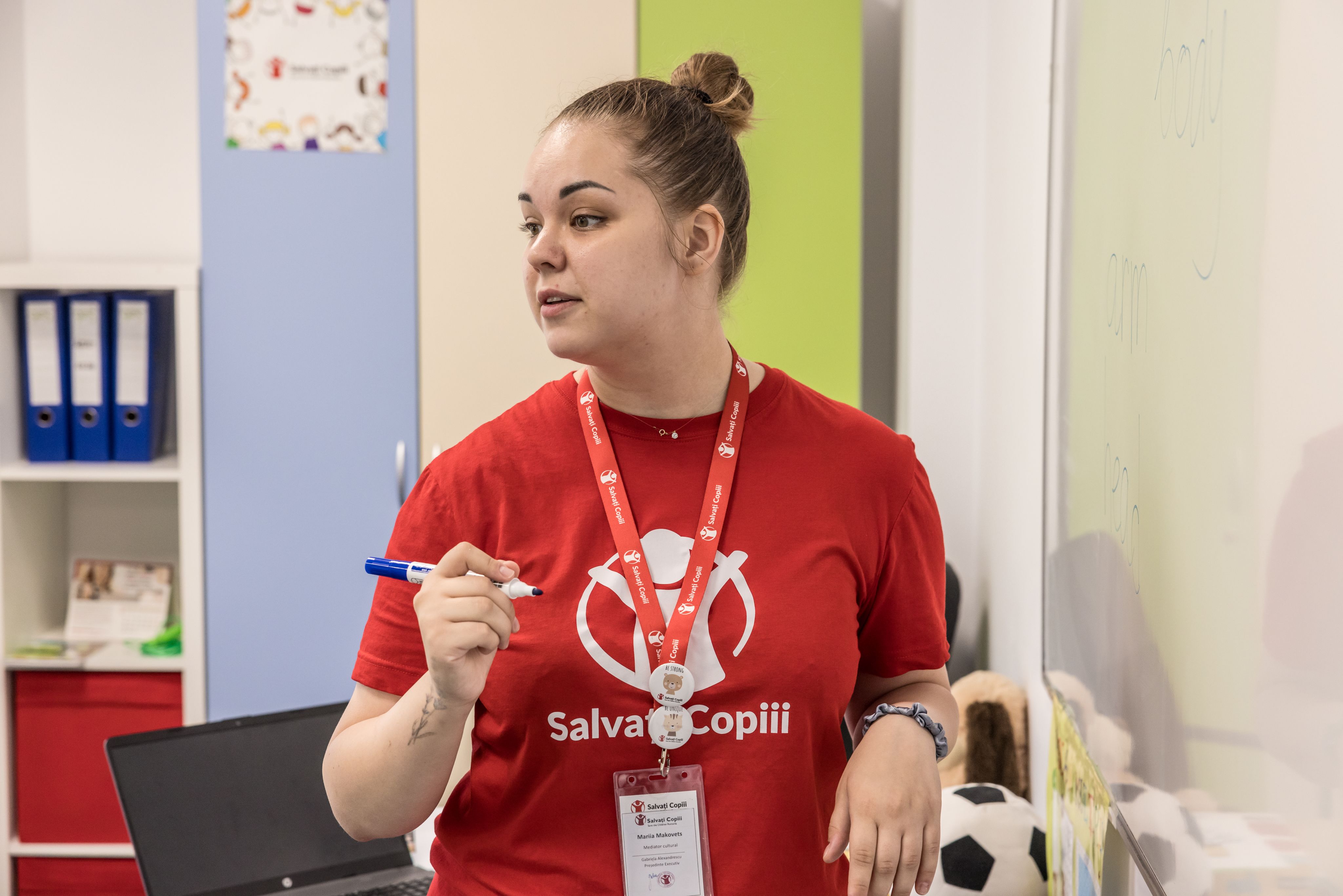 Mariia, Save the Children staff, teaching English at a hub for Ukrainian children, Bucharest, Romania